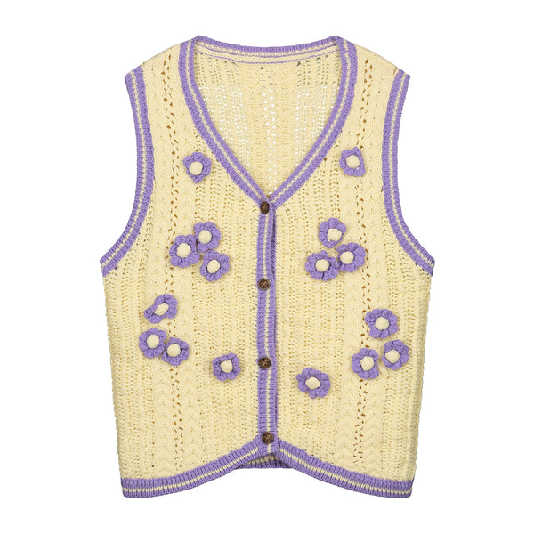 KNITTED FLOWER VEST IVORY LILAC