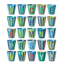 RICE - MELAMINE ALPHABET CUP – MULTI-COLOURED BLUE STRIPES