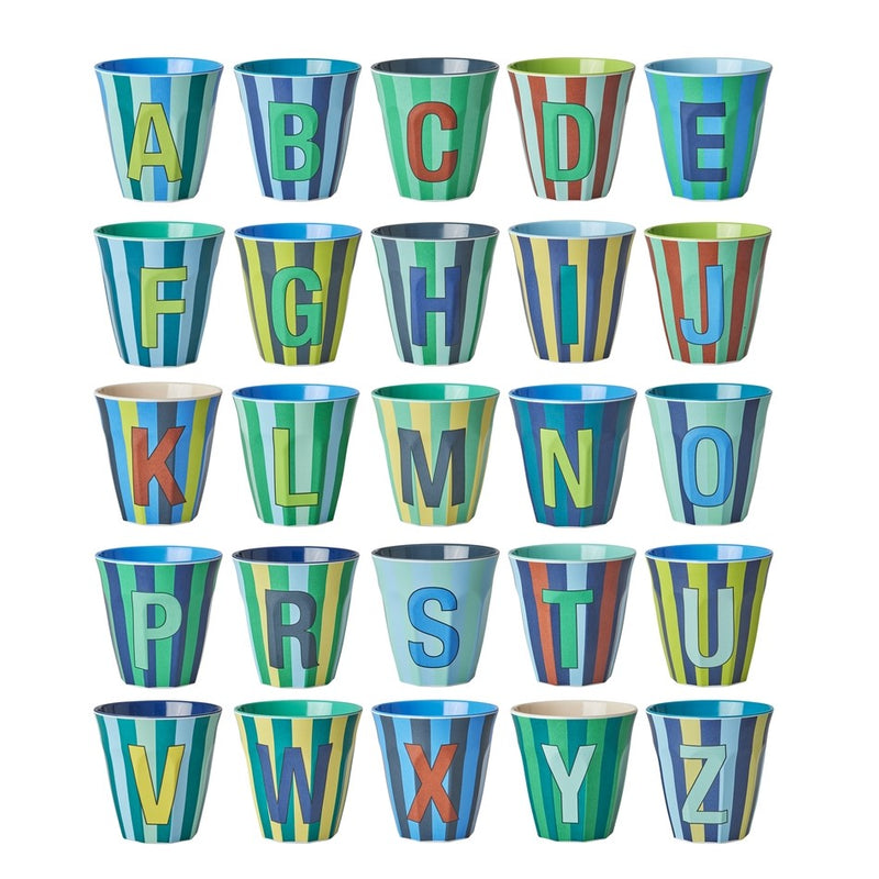 RICE - MELAMINE ALPHABET CUP – MULTI-COLOURED BLUE STRIPES