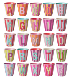 RICE - MELAMINE ALPHABET CUP – MULTI-COLOURED PINK STRIPES