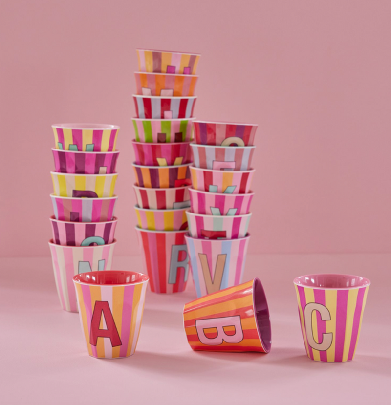 RICE - MELAMINE ALPHABET CUP – MULTI-COLOURED PINK STRIPES