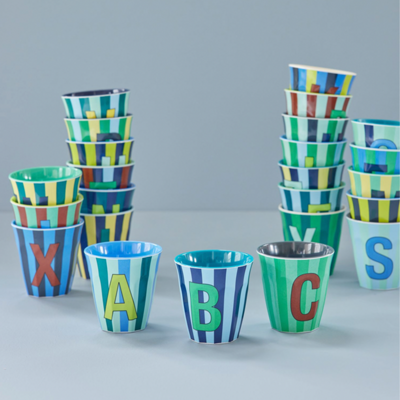 RICE - MELAMINE ALPHABET CUP – MULTI-COLOURED BLUE STRIPES