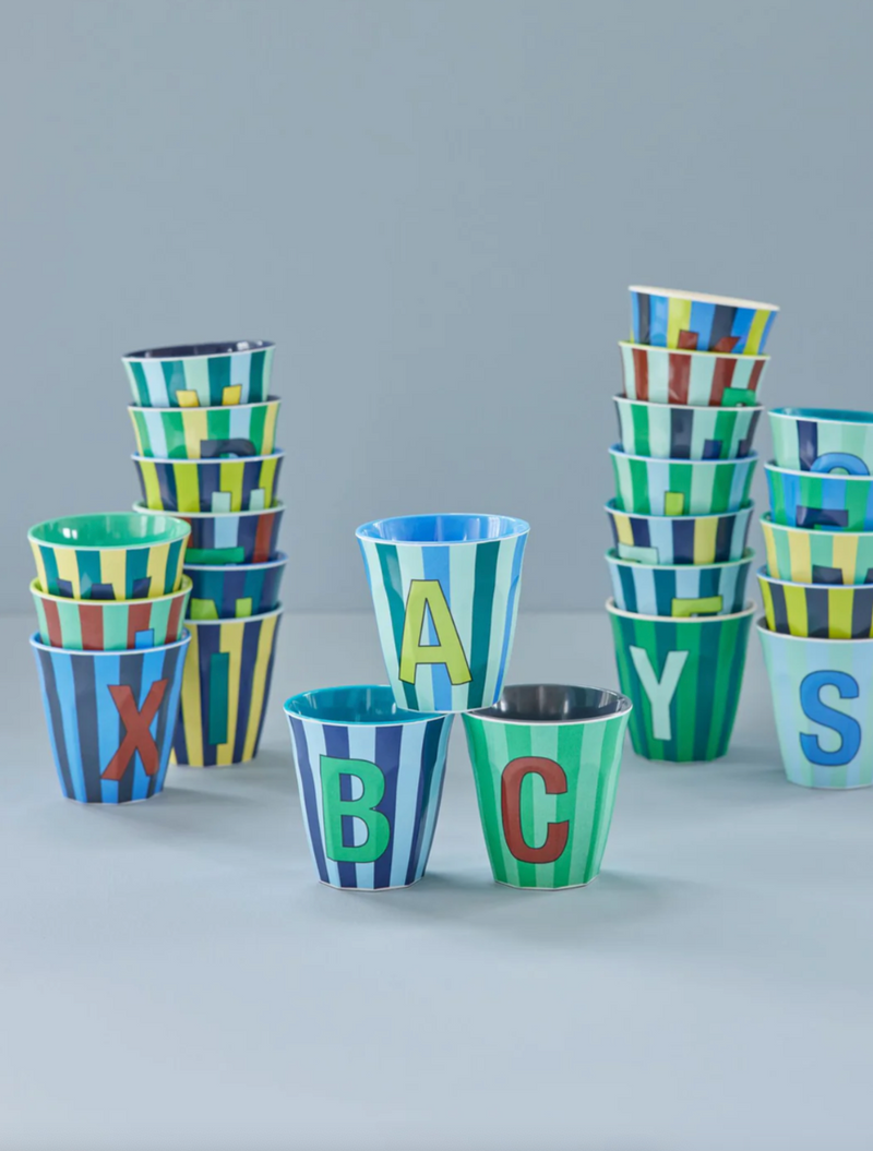 RICE - MELAMINE ALPHABET CUP – MULTI-COLOURED BLUE STRIPES